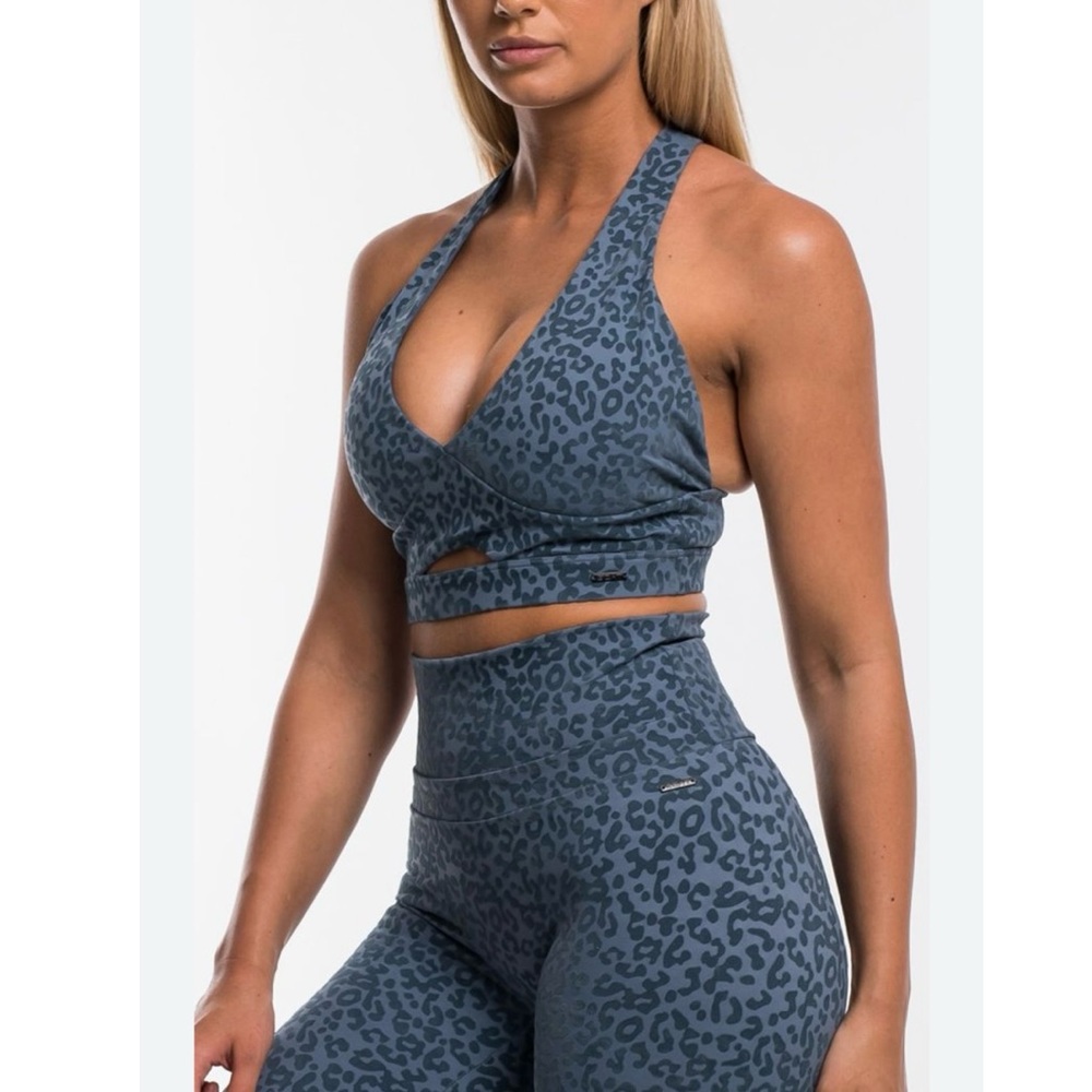 ECHT Flock Workout Outfit Set Bra Top Leggings Women's SIZE SMALL Blue Leopard